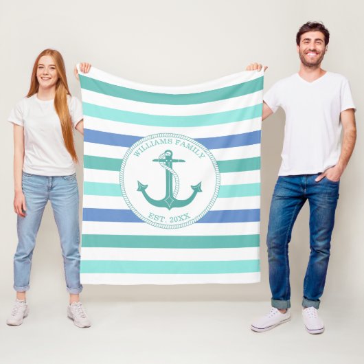 Monogram Nautisch monogram voor seafoam Stripe fam Fleece Deken (In situ)