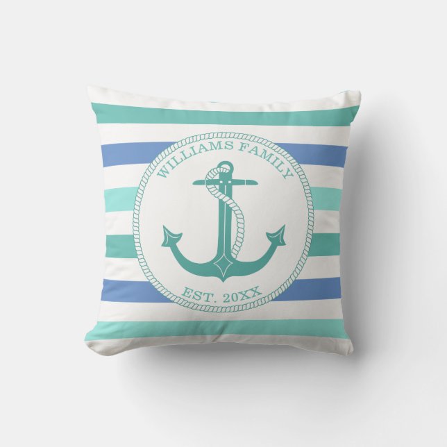 Monogram Nautisch monogram voor seafoam Stripe fam Kussen (Voorkant)