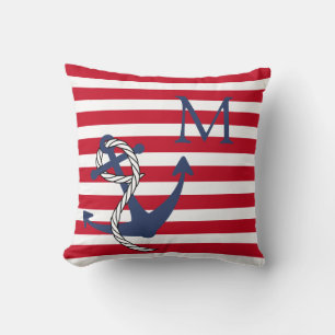 Monogram Nautisch Rood Wit Streep Navy Anker Th Kussen