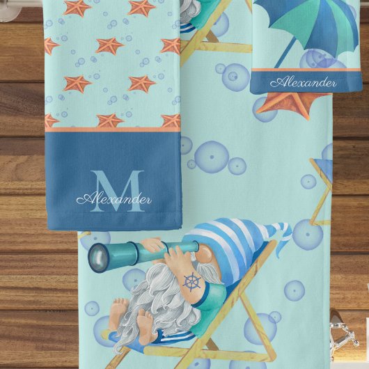 Monogram Nautisch Strand Gnoom Blauw Wit Jongen Bad Handdoek