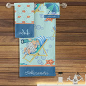 Monogram Nautisch Strand Gnoom Blauw Wit Jongen Bad Handdoek