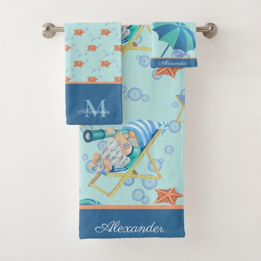 Monogram Nautisch Strand Gnoom Blauw Wit Jongen Bad Handdoek (Insitu)