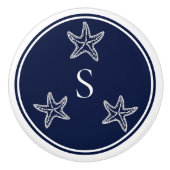 Monogram Nautisch Wit Navy Blauw Zeesterren Strand Keramische Knop (Voorkant)