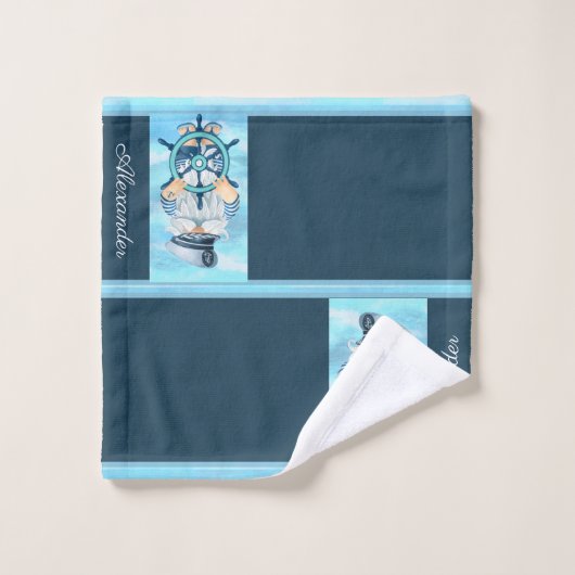 Monogram Nautische Kapitein Gnome Blauw Wit Jongen Bad Handdoek (Wasdoekje)