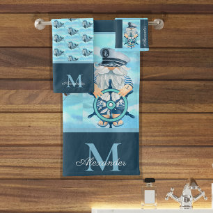 Monogram Nautische Kapitein Gnome Blauw Wit Jongen Bad Handdoek