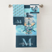 Monogram nautische kapitein in walvis blauw wit jo bad handdoek (Insitu)