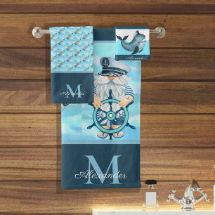 Monogram nautische kapitein in walvis blauw wit jo bad handdoek