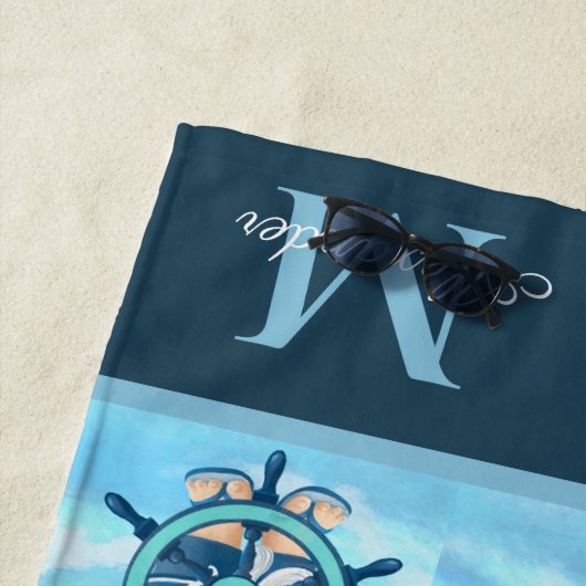 Monogram nautische kapitein in walvis blauw wit jo strandlaken (In situ)