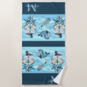 Monogram nautische kapitein in walvis blauw wit jo strandlaken (Voorkant)
