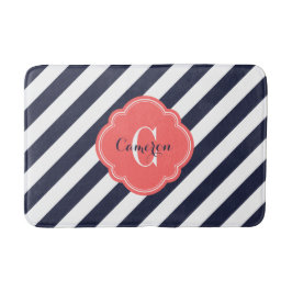 Monogram Navy and Coral Preppy Stripes Badmat