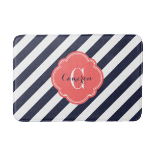 Monogram Navy and Coral Preppy Stripes Badmat