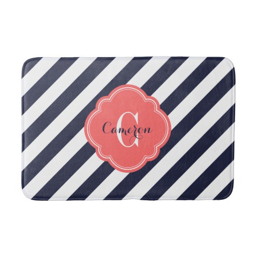 Monogram Navy and Coral Preppy Stripes Badmat (Voorkant)