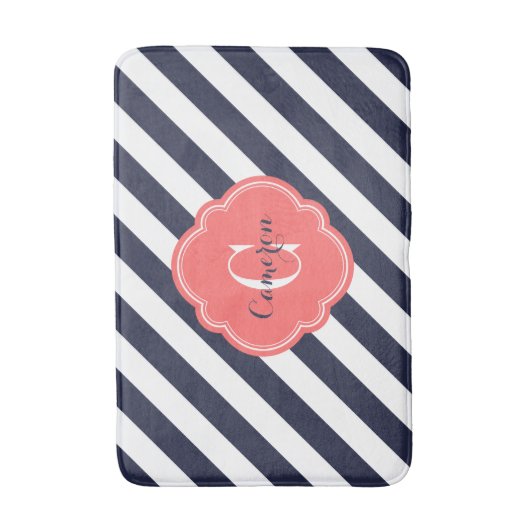 Monogram Navy and Coral Preppy Stripes Badmat (Voorkant Verticaal)