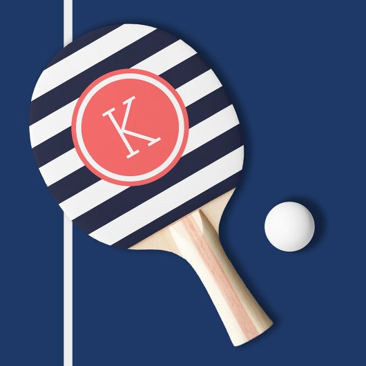 Monogram Navy and Coral Preppy Stripes Tafeltennisbatje