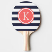 Monogram Navy and Coral Preppy Stripes Tafeltennisbatje (Voorkant)