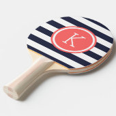 Monogram Navy and Coral Preppy Stripes Tafeltennisbatje (Voorkant Gekanteld)