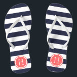Monogram Navy and Coral Preppy Stripes Teenslippers<br><div class="desc">Aangepast gedrukte flip flop sandalen met een preppy nautical stripe patroon en uw aangepaste monogram of andere tekst in een cirkelvormig lijst. Klik aanpassen het om tekstdoopvonten en kleuren te veranderen of uw eigen afbeeldingen toe te voegen om unieke één van een soortontwerp te creëer!</div>