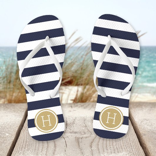 Monogram Navy and Gold Preppy Stripes Teenslippers