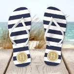 Monogram Navy and Gold Preppy Stripes Teenslippers<br><div class="desc">Aangepast gedrukte flip flop sandalen met een preppy nautical stripe patroon en uw aangepaste monogram of andere tekst in een cirkelvormig lijst. Klik aanpassen het om tekstdoopvonten en kleuren te veranderen of uw eigen afbeeldingen toe te voegen om unieke één van een soortontwerp te creëer!</div>