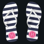 Monogram Navy and Pink Preppy Stripes Teenslippers<br><div class="desc">Aangepast gedrukte flip flop sandalen met een preppy nautical stripe patroon en uw aangepaste monogram of andere tekst in een cirkelvormig lijst. Klik aanpassen het om tekstdoopvonten en kleuren te veranderen of uw eigen afbeeldingen toe te voegen om unieke één van een soortontwerp te creëer!</div>