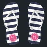 Monogram Navy and Pink Preppy Stripes Teenslippers<br><div class="desc">Aangepast gedrukte flip flop sandalen met een preppy nautical stripe patroon en uw aangepaste monogram of andere tekst in een cirkelvormig lijst. Klik aanpassen het om tekstdoopvonten en kleuren te veranderen of uw eigen afbeeldingen toe te voegen om unieke één van een soortontwerp te creëer!</div>