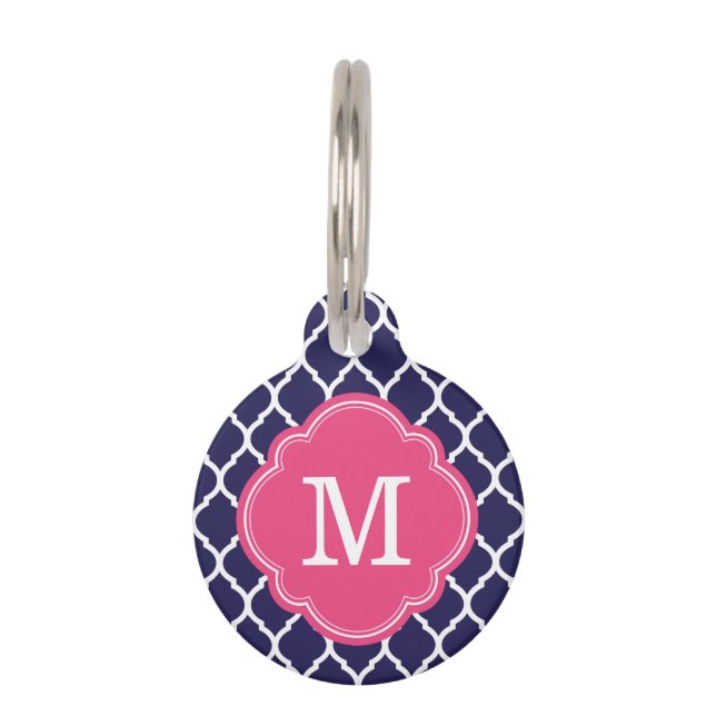 Monogram Navy and Pink Quatrefoil Huisdierpenning (Voorkant)
