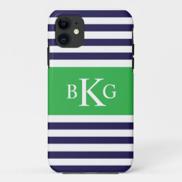 Monogram Navy Apple Green Stripes iPhone 11 Hoesje