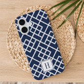 Monogram Navy Bamboo Lattice Pattern iPhone 16 Hoesje