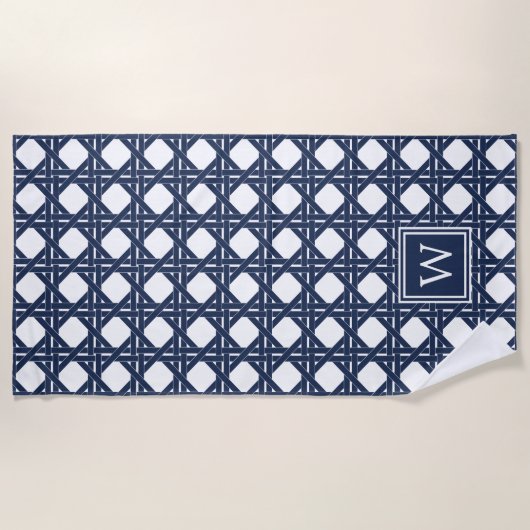 Monogram Navy Basketweve Pattern Strandlaken (Voorkant)