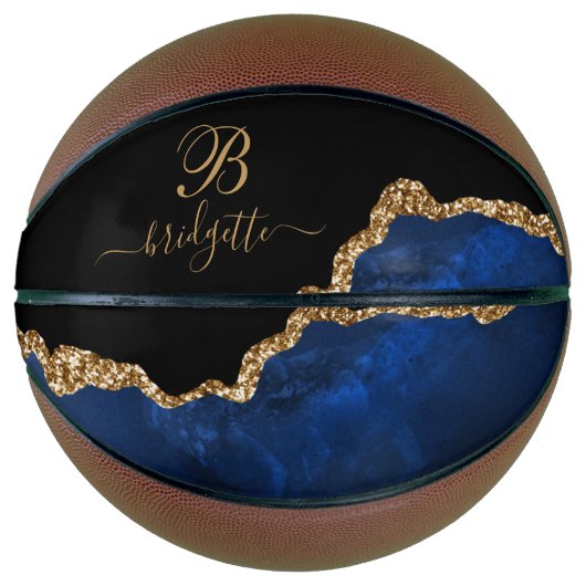 Monogram Navy Black Agate Geode Gold Glitter Girls Basketbal (Voorkant)