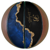 Monogram Navy Black Agate Geode Gold Glitter Girls Basketbal (Verticaal)