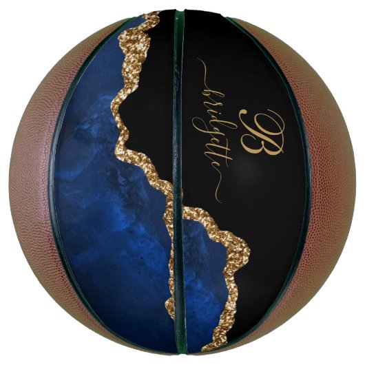 Monogram Navy Black Agate Geode Gold Glitter Girls Basketbal (Verticaal)