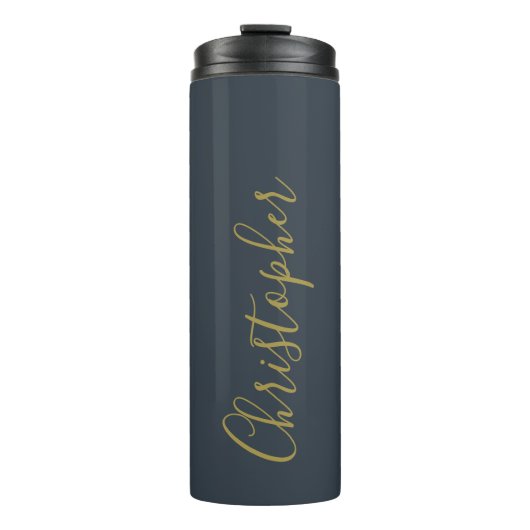 Monogram Navy Blau Gouden Script Naam Minimalistis Thermosbeker (Voorkant)