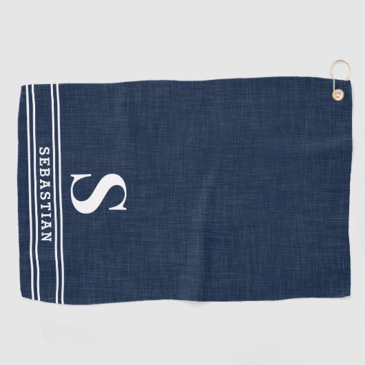 Monogram Navy Blauw en Wit Modern Golfhanddoek (Horizontaal)