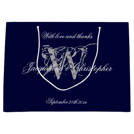 Monogram Navy Blauw en Zilver Chique Bruiloft Groot Cadeauzakje (Voorkant)