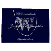 Monogram Navy Blauw en Zilver Chique Bruiloft Groot Cadeauzakje (Achterkant)