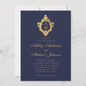 Monogram Navy Blauw Faux Goud  Crest Bruiloft Kaart (Voorkant)