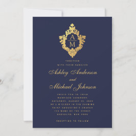 Monogram Navy Blauw Faux Goud Crest Bruiloft Kaart