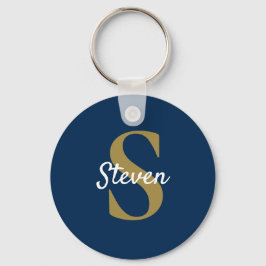 Monogram Navy Blauw Goud Persoonlijke Naam Sleutelhanger