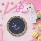 Monogram Navy Blauw Goud Rozen Script Papieren Bordje (Feest)