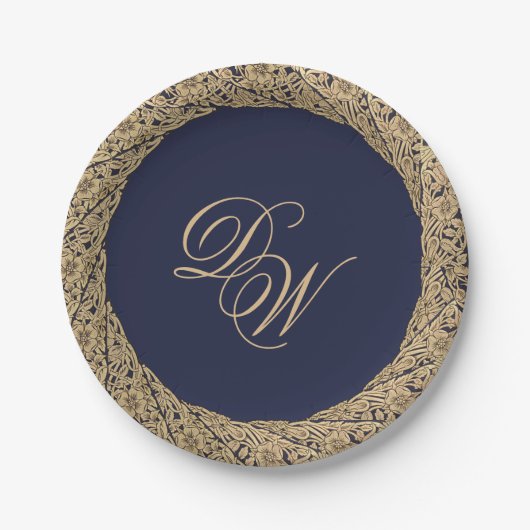 Monogram Navy Blauw Goud Rozen Script Papieren Bordje (Voorkant)