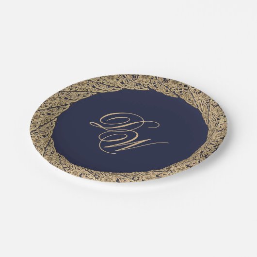 Monogram Navy Blauw Goud Rozen Script Papieren Bordje (Gekanteld)