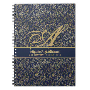 Monogram Navy Blauw Goudblad Nieuwgetrouwden Trouw Notitieboek