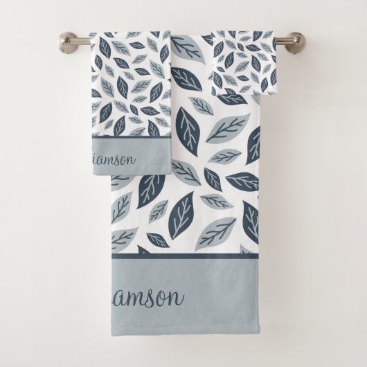 Monogram Navy-blauw grijs blad botanisch cadeau Bad Handdoek (Insitu)