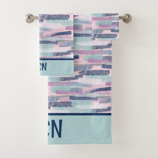 Monogram Navy Blauw Lichtblauw Paars Wit Abstract Bad Handdoek (Insitu)