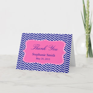 Monogram Navy Blauw met Hot Pink Chevron Bruids- Bedankkaart