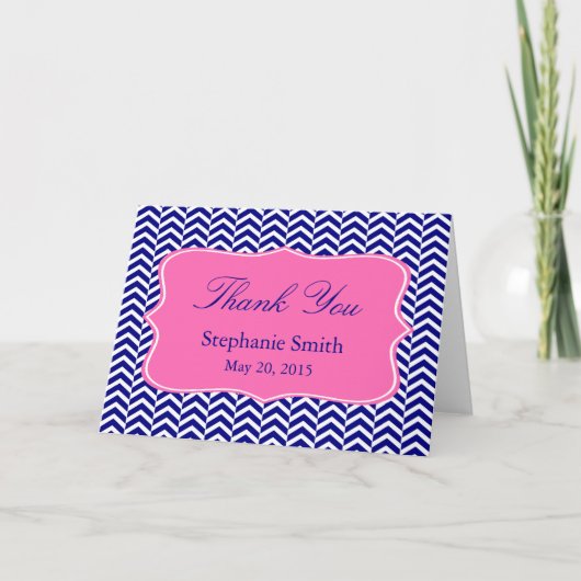 Monogram Navy Blauw met Hot Pink Chevron Bruids- Bedankkaart (Voorkant)