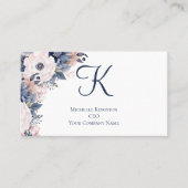 Monogram Navy Blauw Roze Bloemendames Visitekaartje (Voorkant)