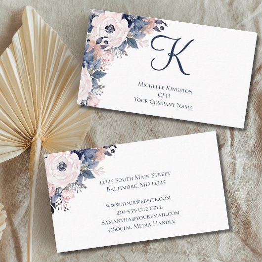 Monogram Navy Blauw Roze Bloemendames Visitekaartje
