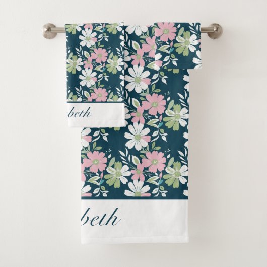 Monogram Navy blauw Roze Groen Wit Bloem Bloemen Bad Handdoek (Insitu)